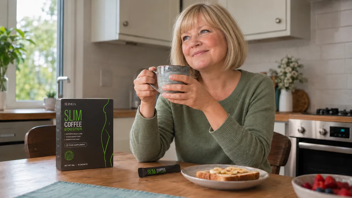 Smiling woman enjoying a morning coffee at her kitchen table with a box of Slimqa Slim Coffee Booster